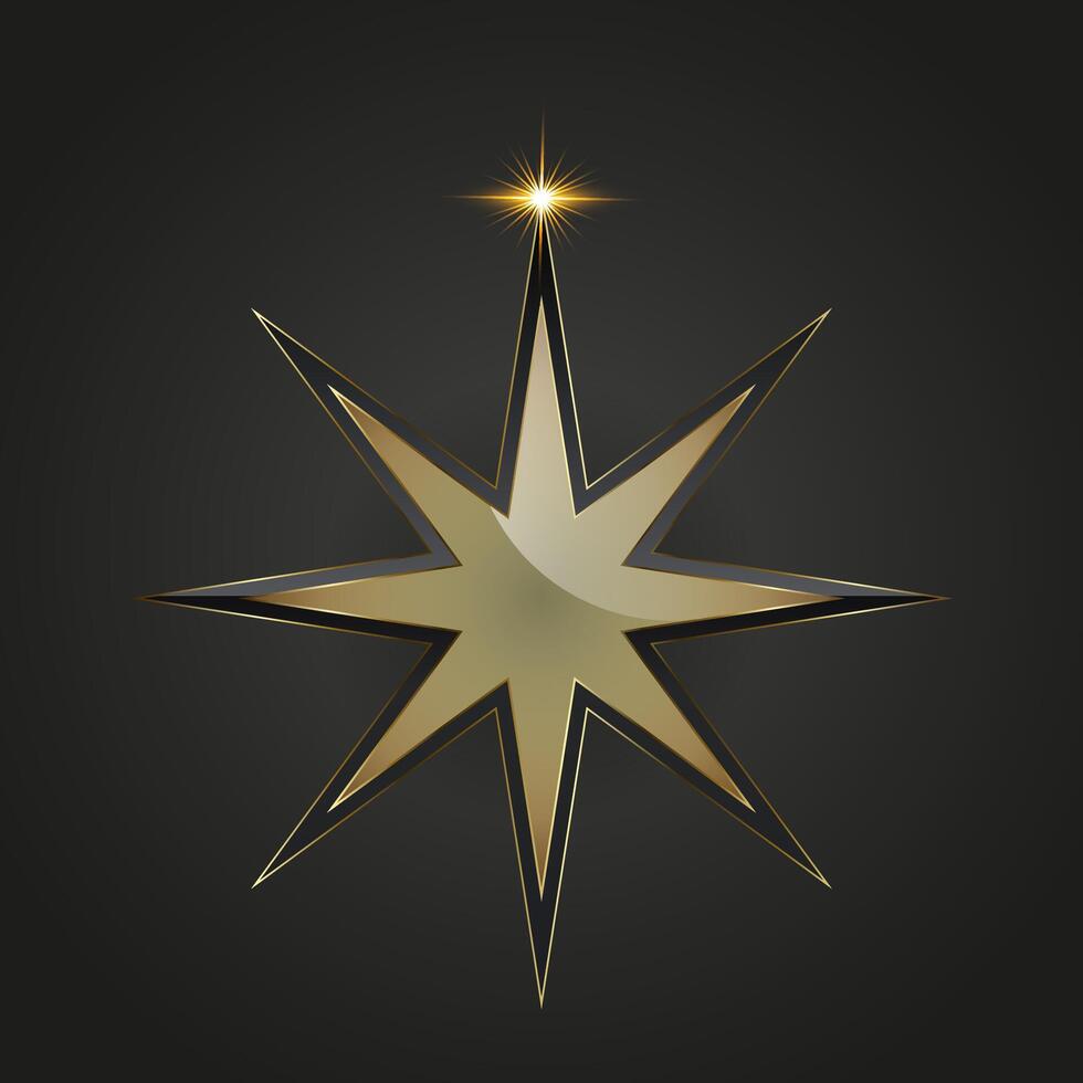 A luxury of eight points golden star with smooth, a radiant, eight-pointed golden star with a polished metallic finish, set against a dark gradient background. A bright spark shines. vector