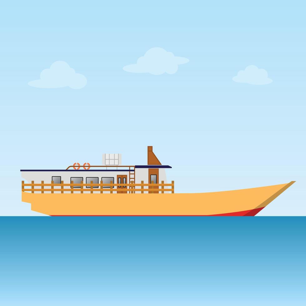 A serene illustration depicts a small yellow boat gently floating on calm blue waters under a light blue sky. Simple yet captivating. vector