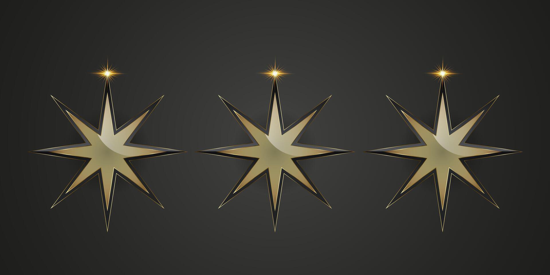Three luxury of eight points golden star with smooth, a radiant, eight-pointed golden star with a polished metallic finish, set against a dark gradient background vector