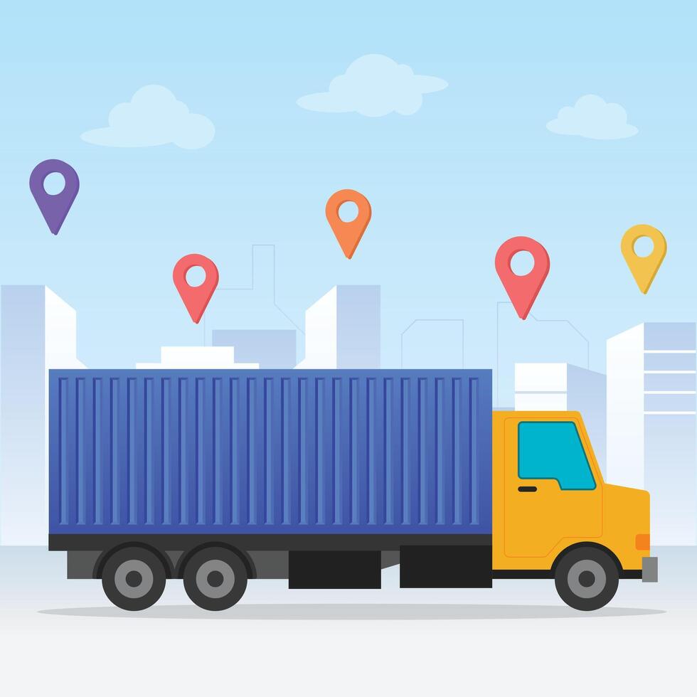 Delivery service truck container with city background vector