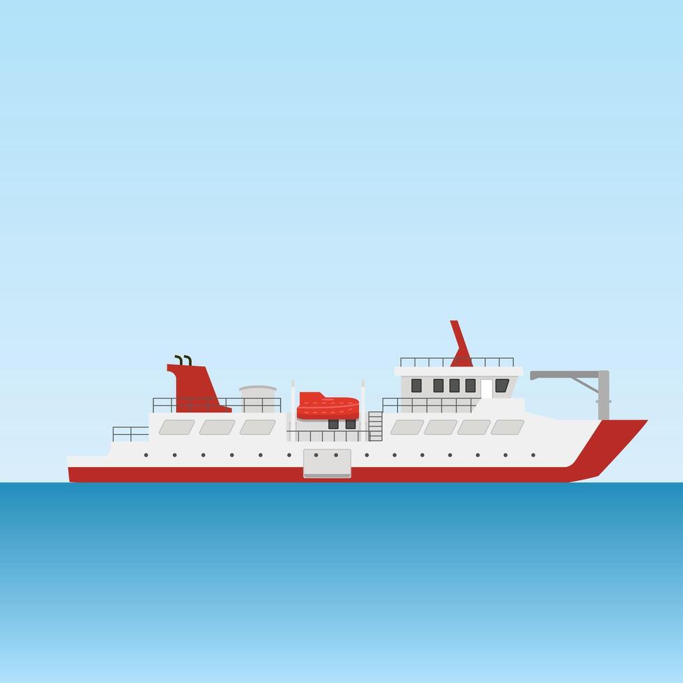 Ferry Ship Transportation on blue ocean blue sky flat design vector