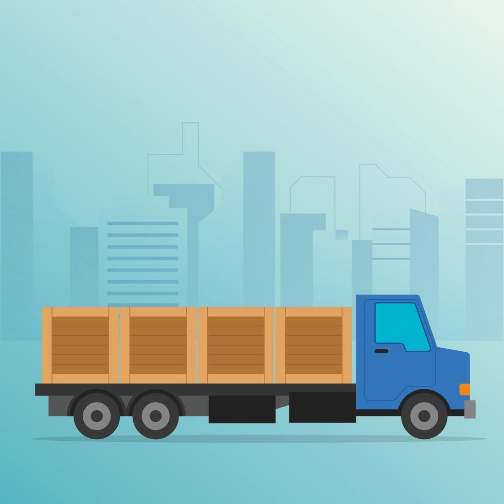 Delivery service truck boxes with city background vector