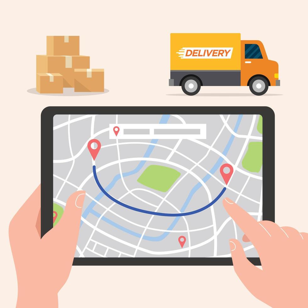 Delivery service truck on digital map. Online app tracking, city background vector