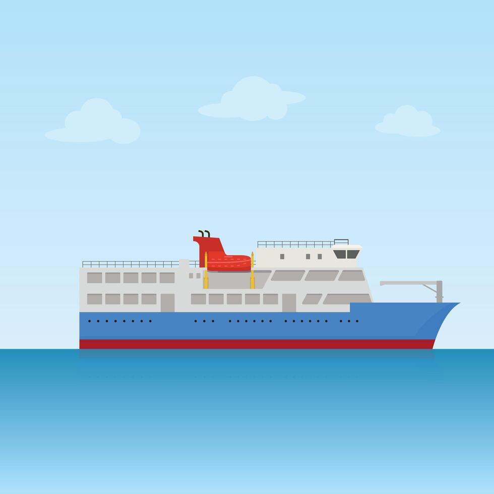 Ferry Ship Transportation sailing on blue ocean flat design vector