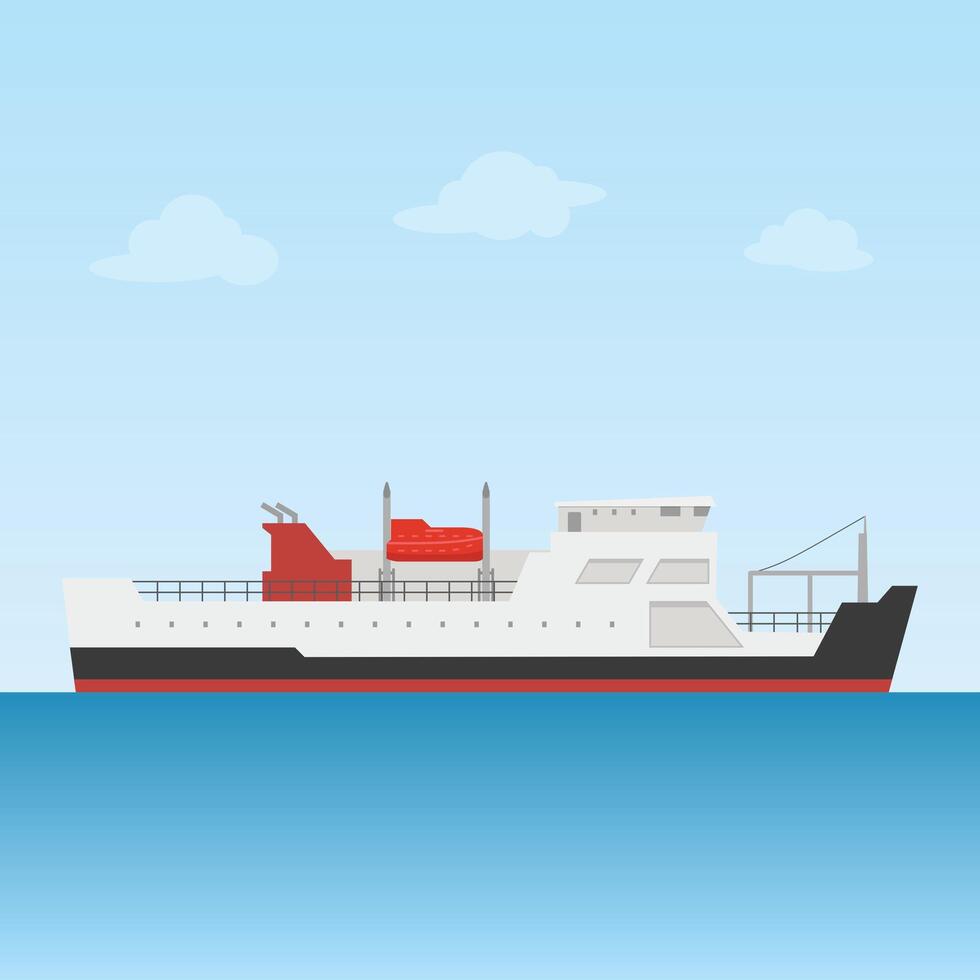 A minimalist illustration depicts a serene white ferry boat gliding peacefully across a calm ocean under a light blue sky. Simple, clean lines create a tranquil mood. vector