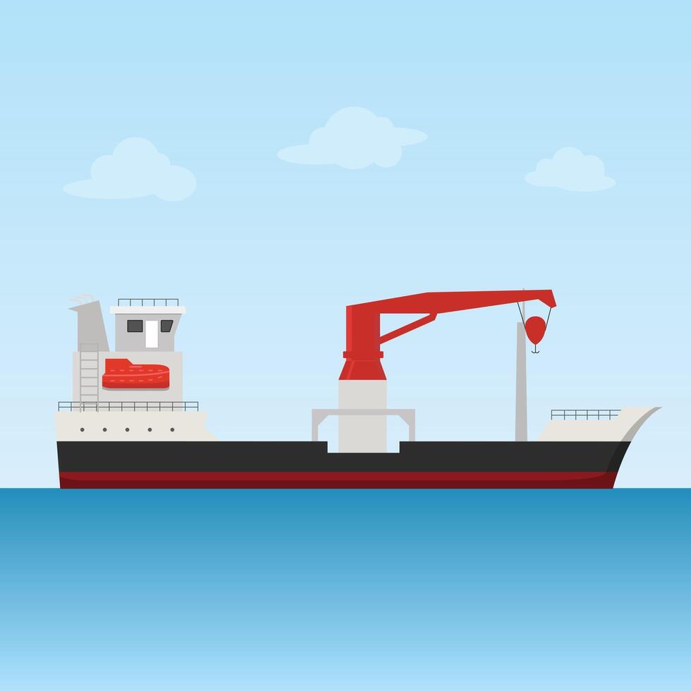 A minimalist cargo ship floats serenely on calm blue waters under a pale sky. Its red crane is a striking detail against the clean lines of the vessel vector