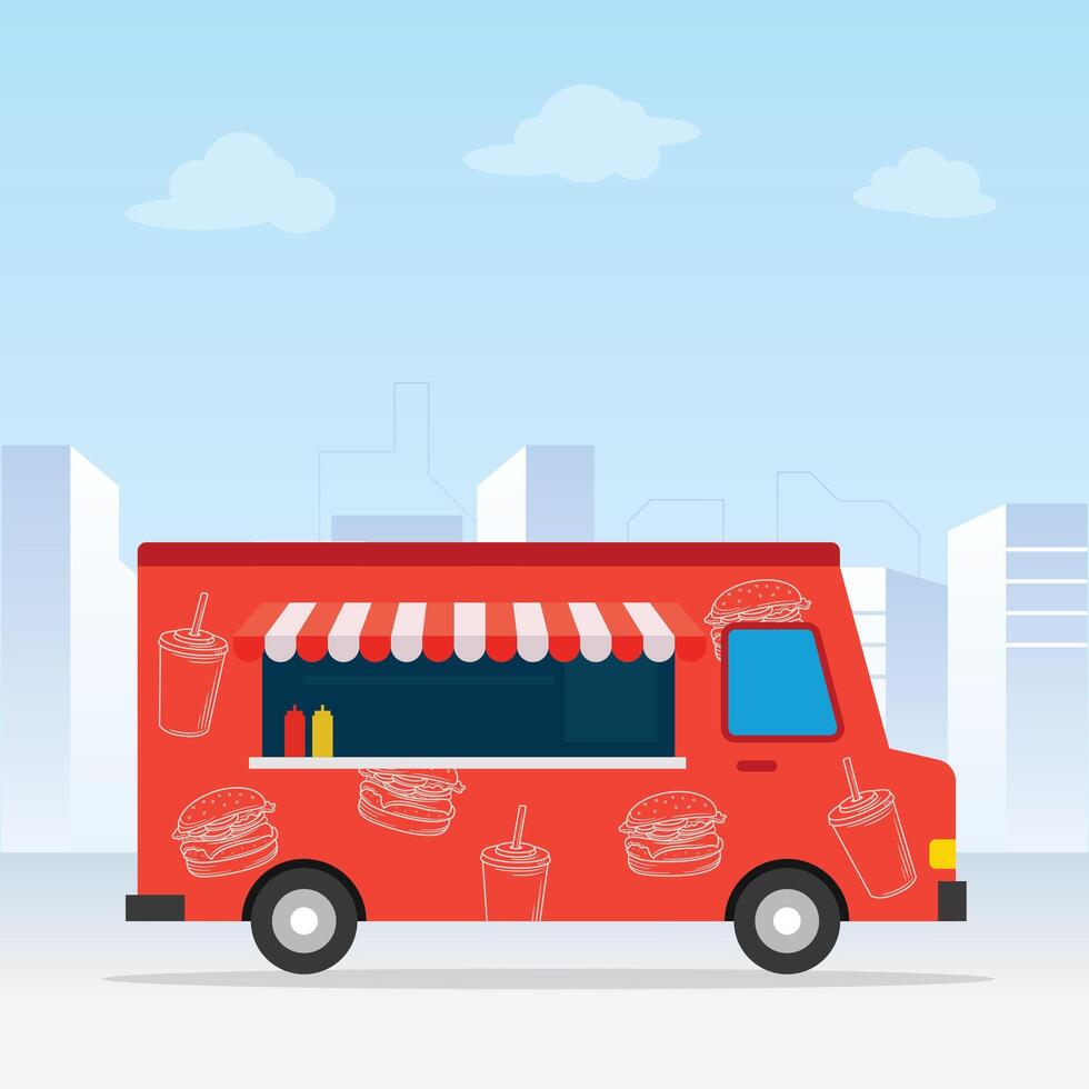 Red food truck street fast food. Retro van side view, on city background Flat vector