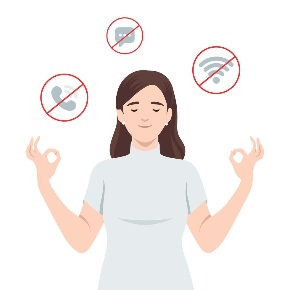 Woman doing Digital Detox and Mindful Relaxation. vector