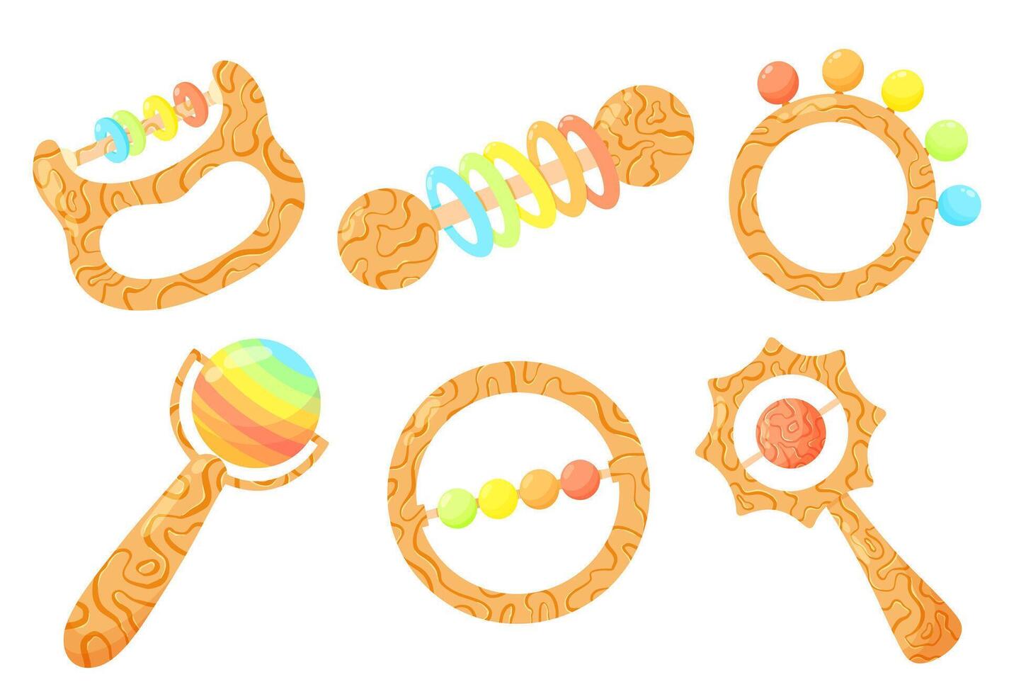 Baby colorful rattles set of illustrations. Kids toy, rattle collection for newborns, teether vector