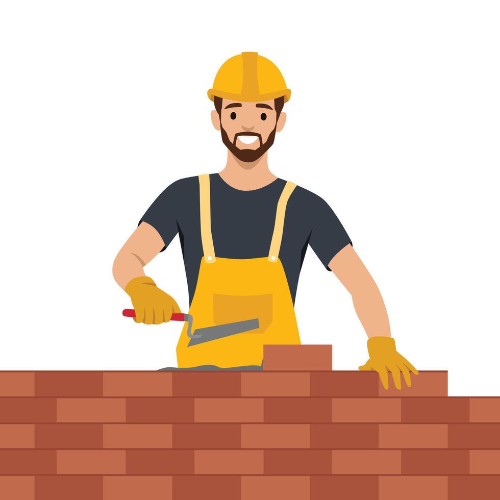 Smiling Builder Working on a Brick Wall. vector