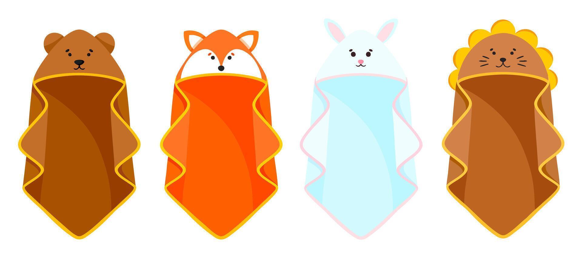 Baby animal hooded towels set of illustrations. Kids bath, towel with corner for babies vector