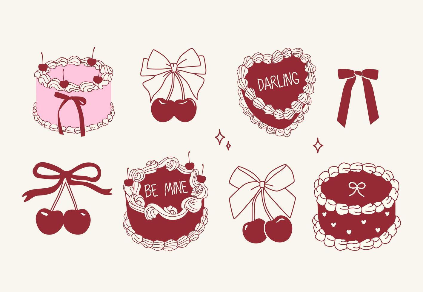 Trendy coquette valentines cakes with cherries and bows vector