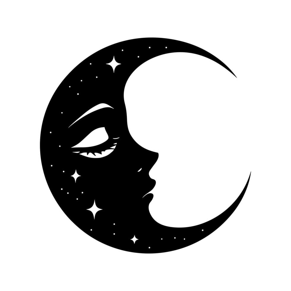 Crescent moon with female face. Esoteric logo design, boho chic print, tattoo, poster vector