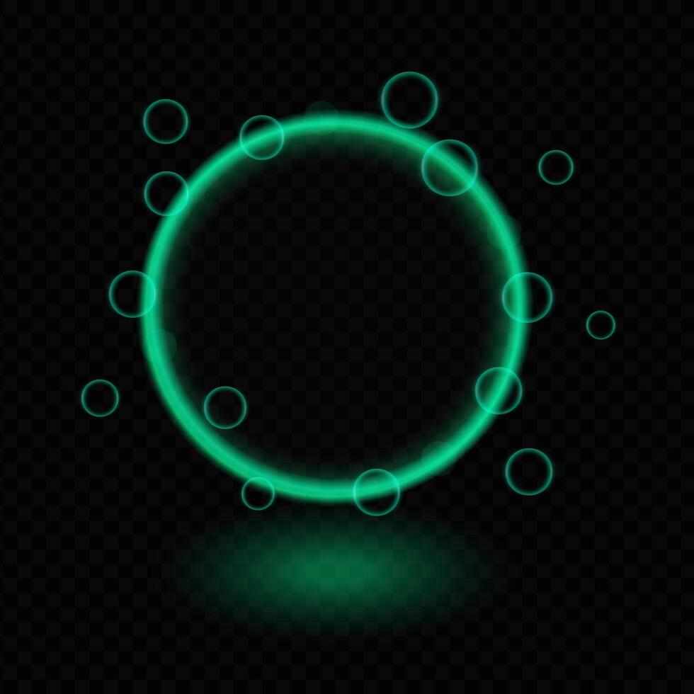Neon magic circle. Glowing green ring, light effects, futuristic design, bubbles, luminescent halo, abstract glow, sci-fi elements, energy frame, technology concept, modern decoration, vibrant shape vector