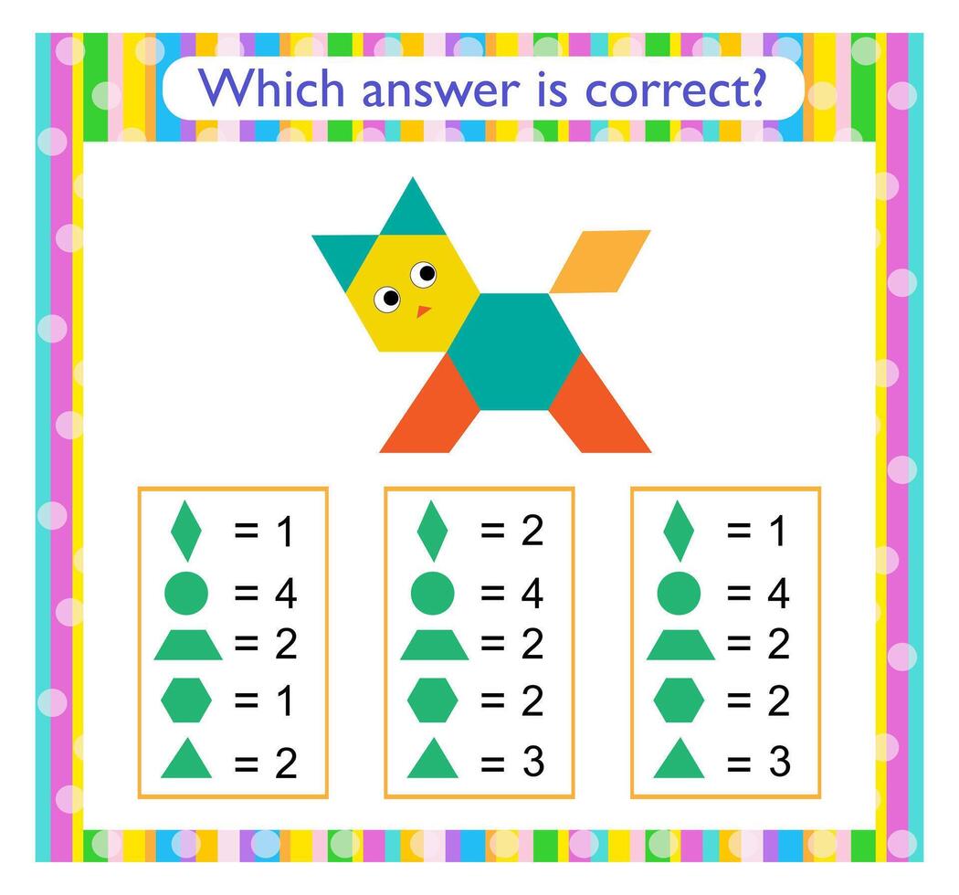 Math activity for kids. Need to find the correct answer. Cartoon animal. vector