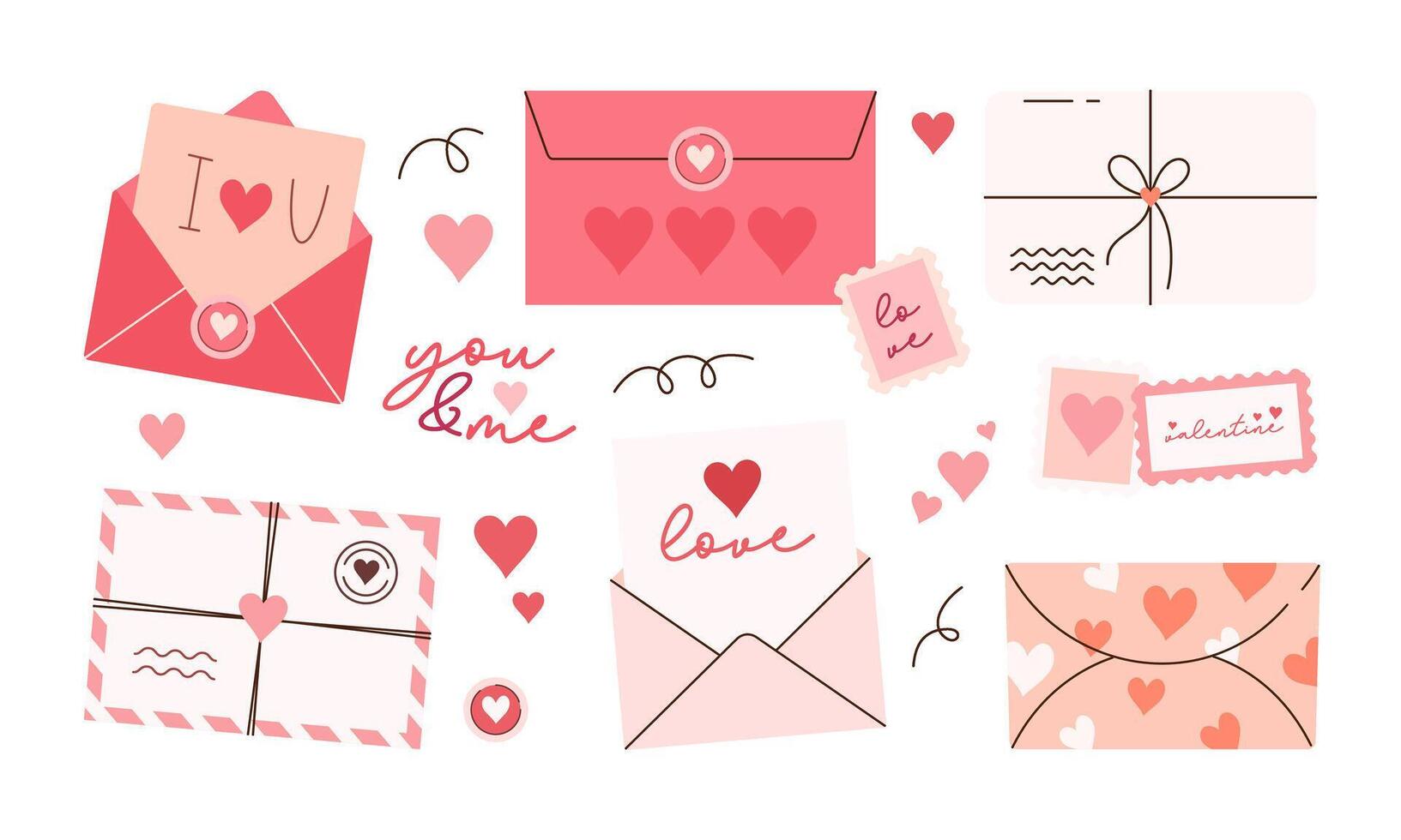 Collection of valentine's day cards and envelopes with hearts vector