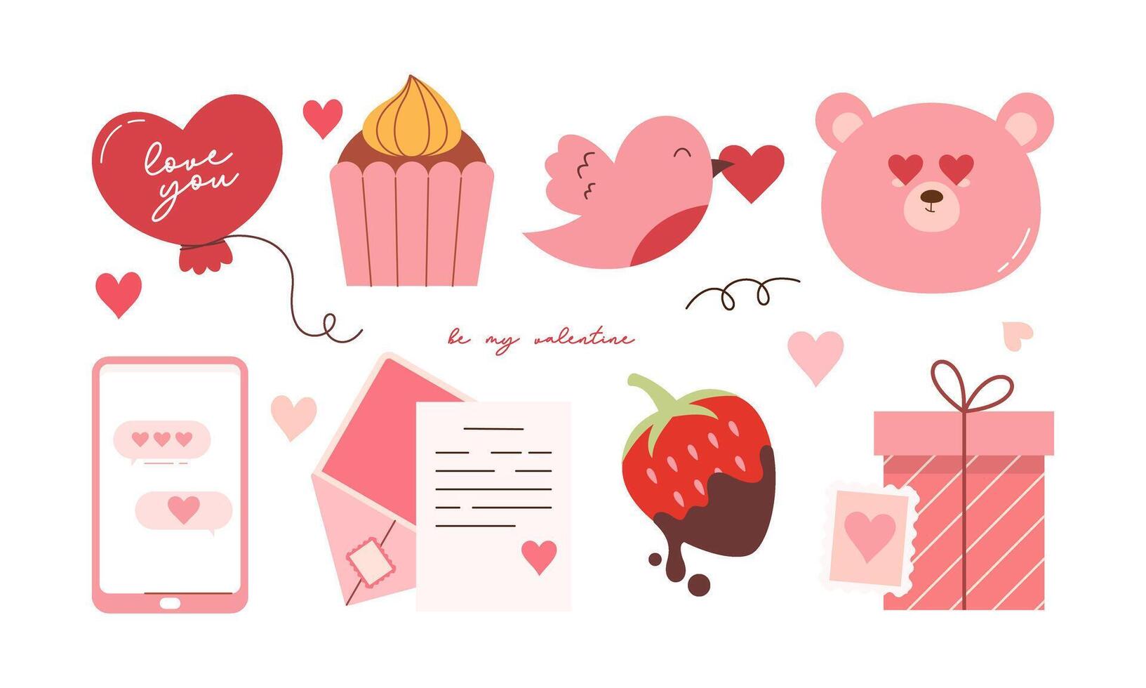 Set of Cute and Lovely Pink and Red Valentines Icon Collection Flat Illustration. vector