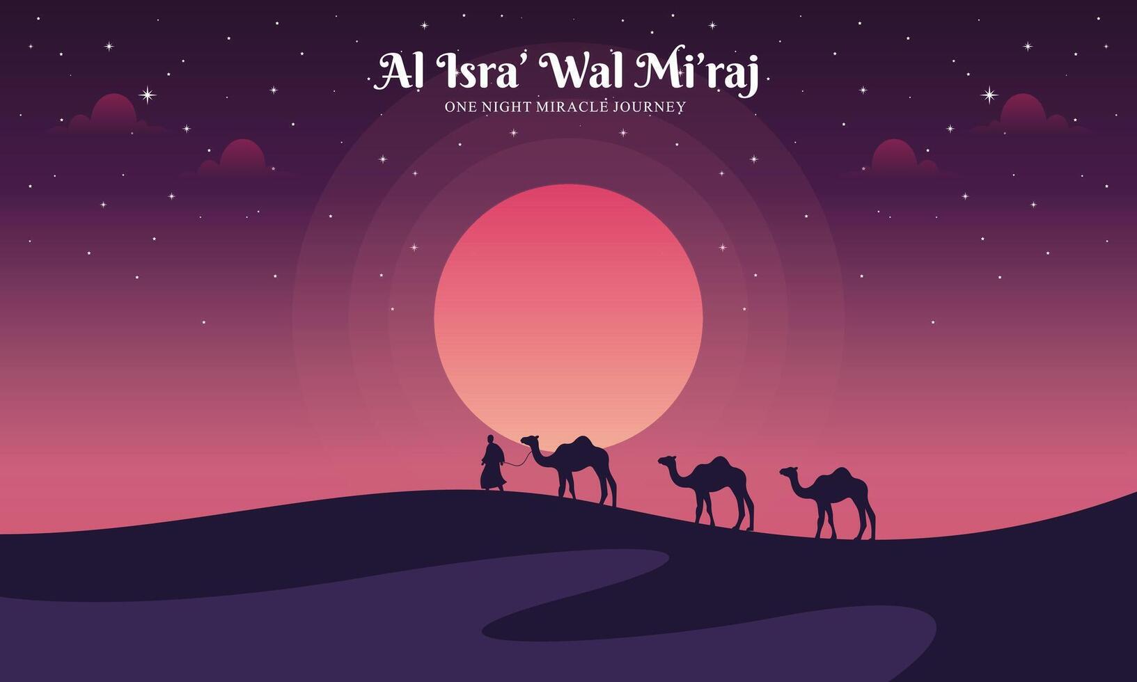 Flat Hand Drawn Isra Miraj Illustration. Islamic Celebration Day Concept with Arabic Calligraphy, Al Aqsa Mosque and Kaaba. Design for Background, Wallpaper. vector