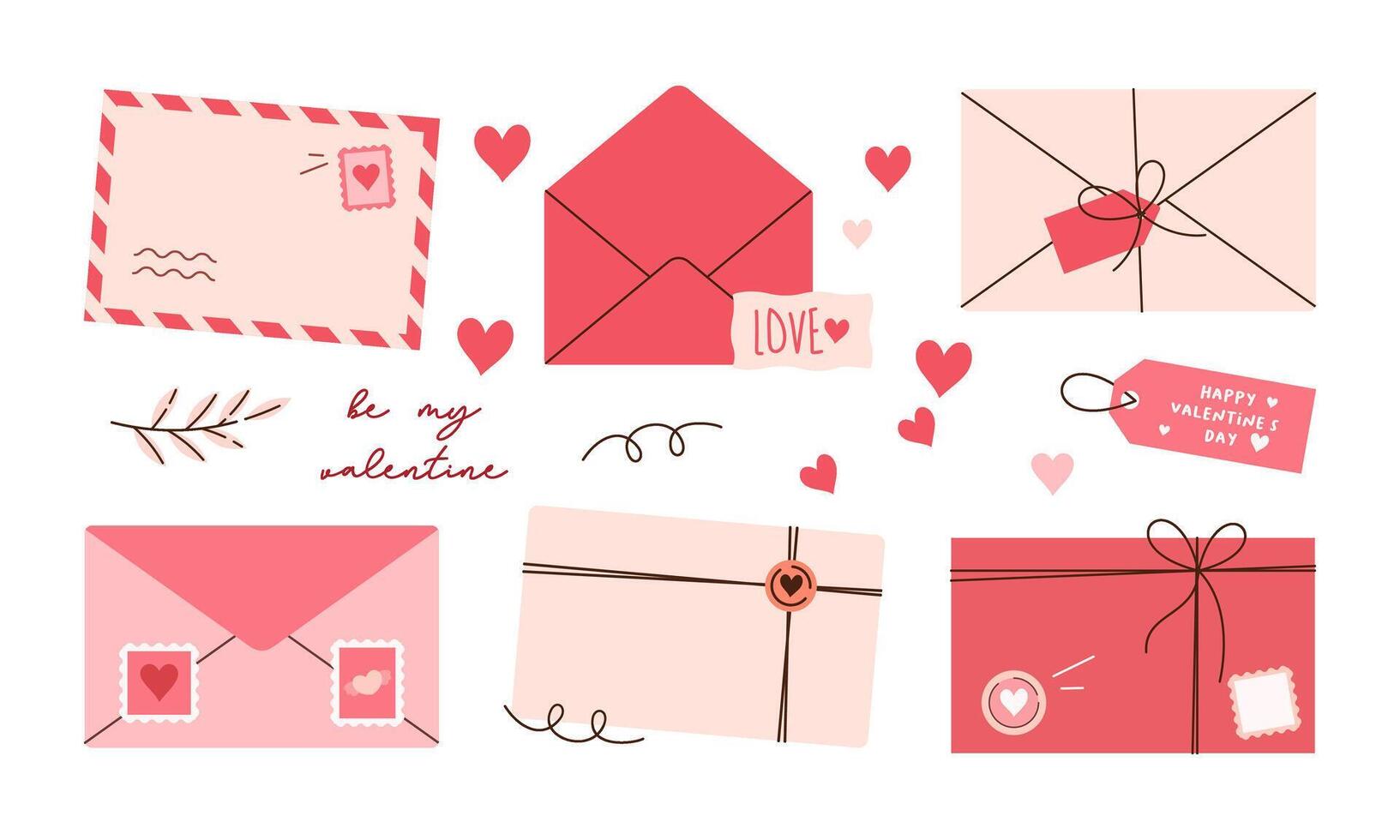 Set of Envelopes and Love Letter Stickers. Romantic Open and Closed Envelopes with Various Elements for Wedding and Valentine Day Decoration Flat Hand Drawn Illustration vector