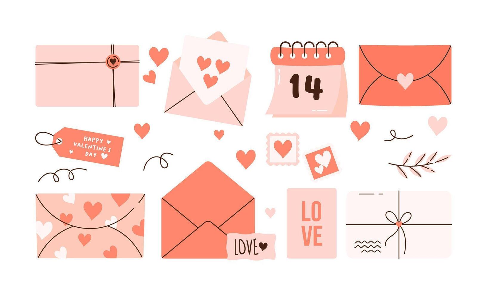 Set of Envelopes and Love Letter Stickers. Romantic Open and Closed Envelopes with Various Elements Flat Hand Drawn Illustration vector