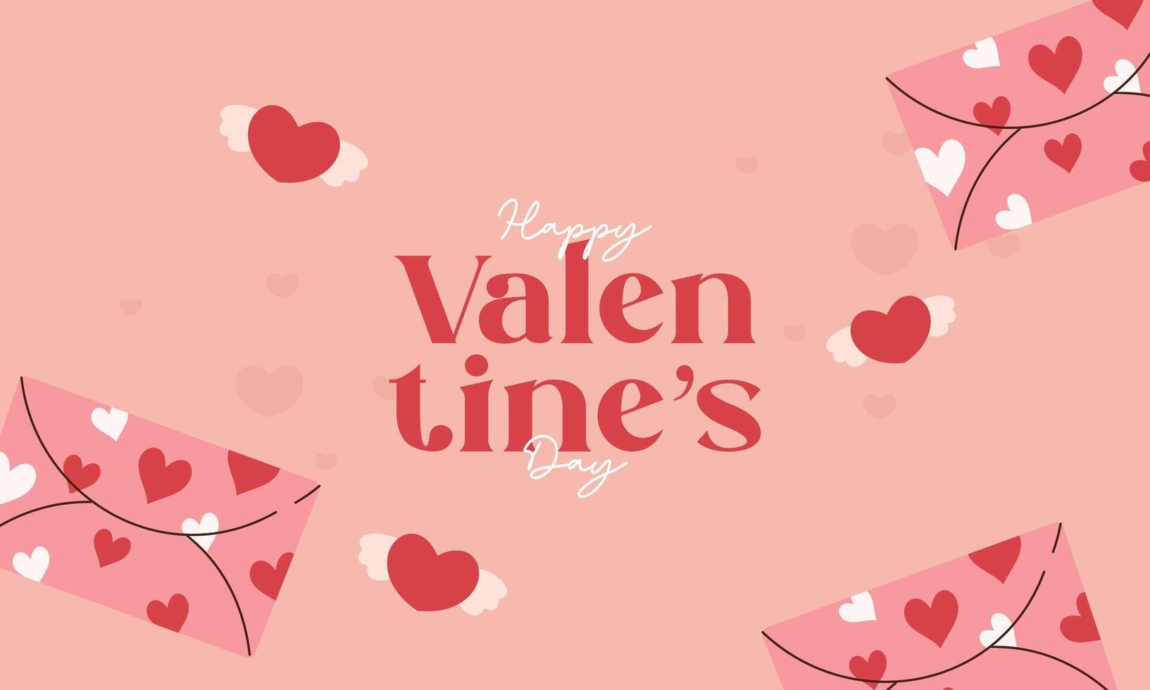 Flat Hand Drawn Cute Lovely Valentine's Day Background Concept. Flat Lay Concept with Flying Hearts and Envelopes. Design for Card, Wallpaper, Social Media Post, Wrapping Paper vector