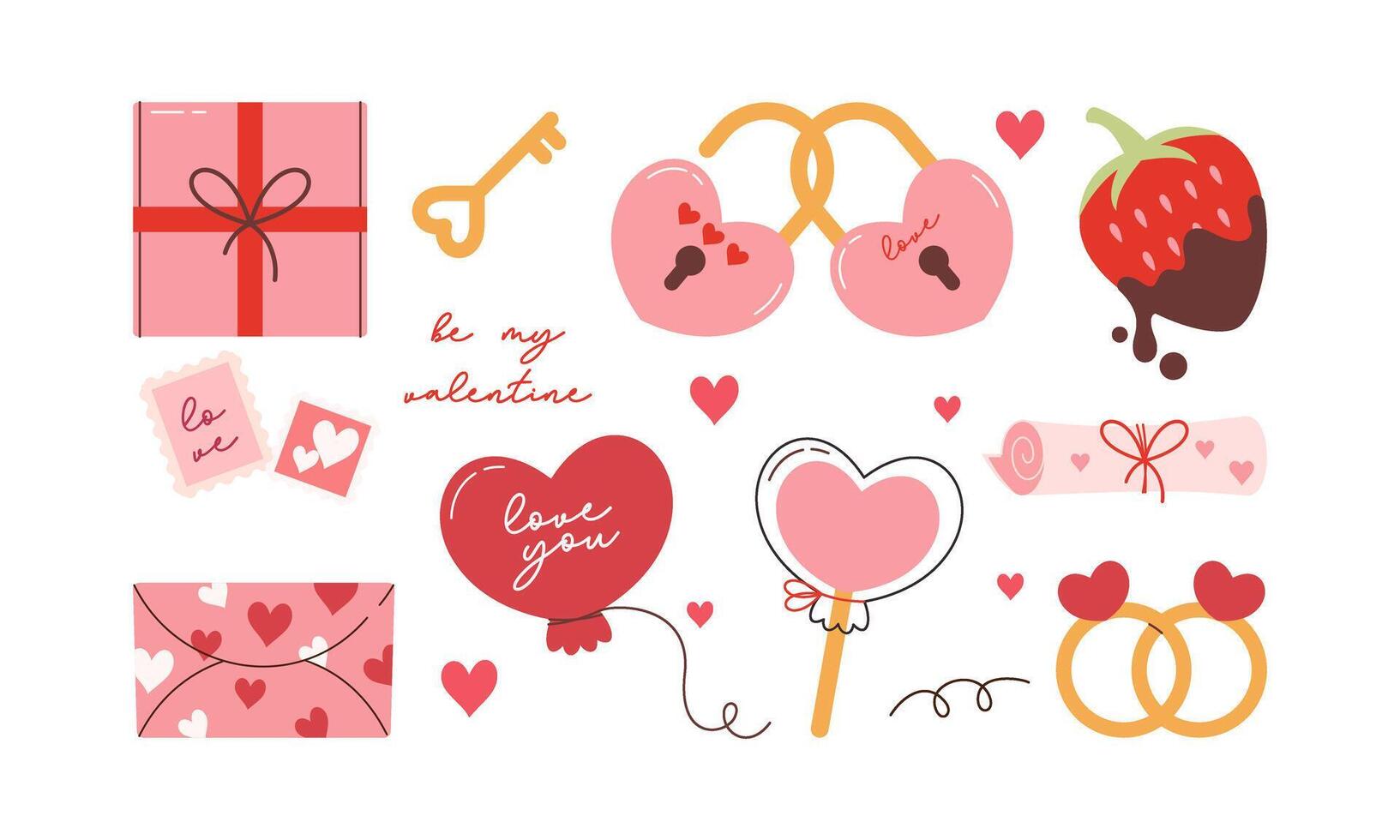 Set of Cute Flat Hand Drawn Valentine's Day Elements. Lovely Pink and Red Valentines Icon Collection Illustration. vector