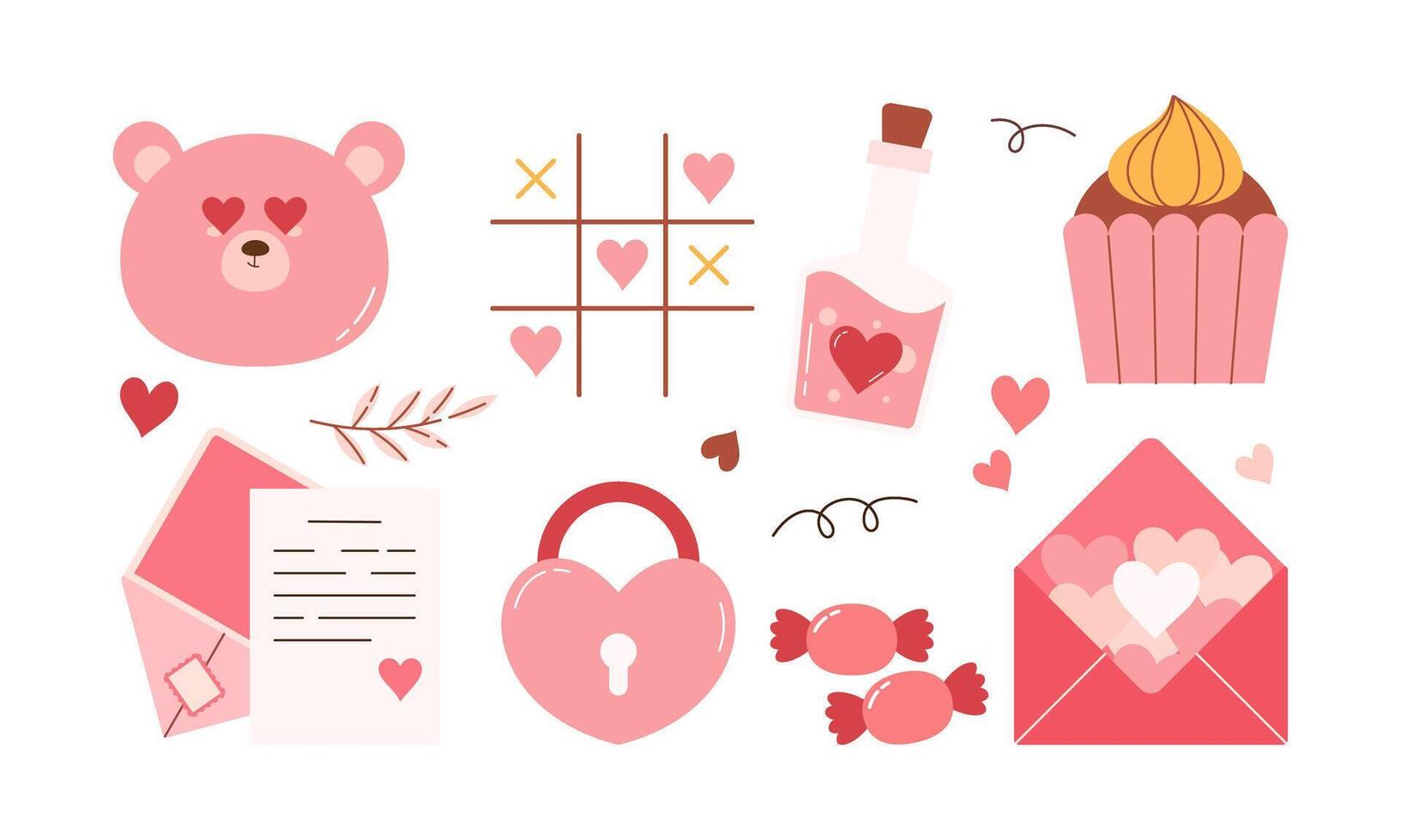 Set of Cute Flat Hand Drawn Pink and Red Valentine's Day Elements Collection Illustration. vector