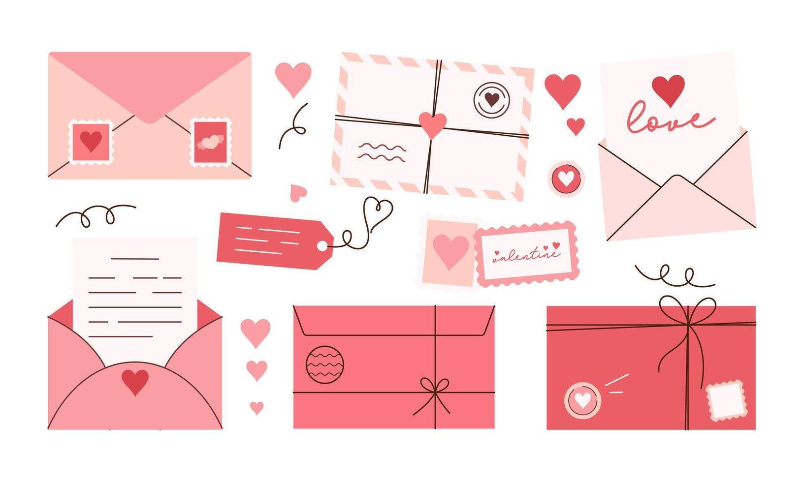 Set of Pink and Red Envelopes and Love Letter Stickers. Romantic Open and Closed Envelopes with Various Elements for Wedding and Valentine Day Decoration Flat Hand Drawn Illustration vector