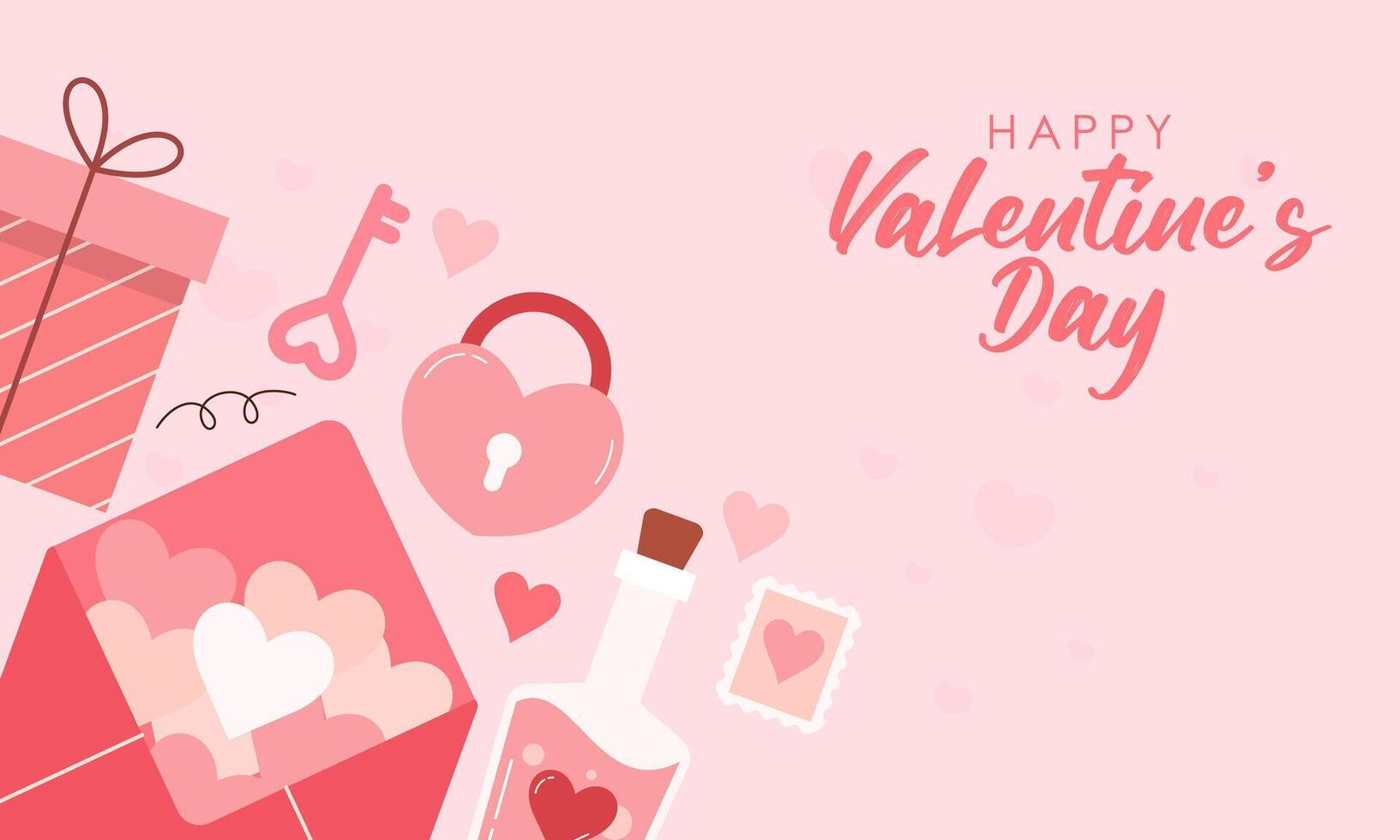 Flat Hand Drawn Cute Lovely Valentine's Day Background Concept. Flat Lay Concept with Valentines Icons. Design for Card, Wallpaper, Social Media Post, Wrapping Paper vector