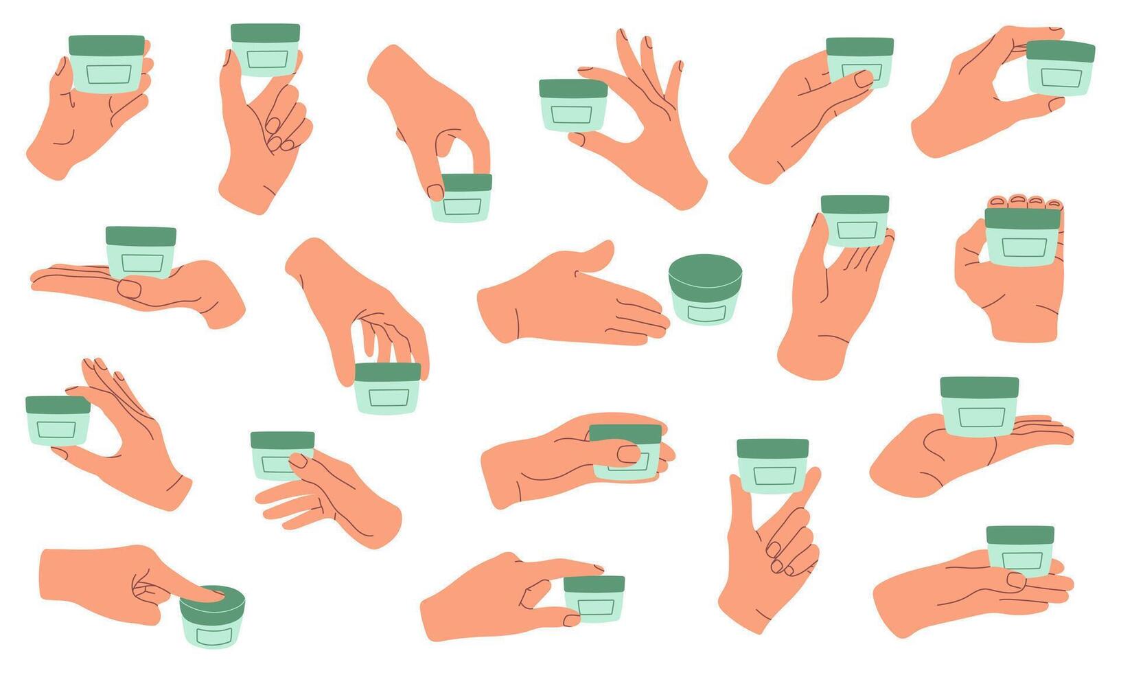 Set of illustrations featuring hands holding, opening, and using a cream jar. Flat style design with soft colors. Perfect for skincare, beauty, or cosmetic product presentations. vector