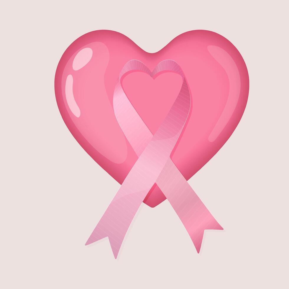 Pink heart with a glossy finish featuring a pink awareness ribbon in the center, symbolizing breast cancer awareness and support. vector