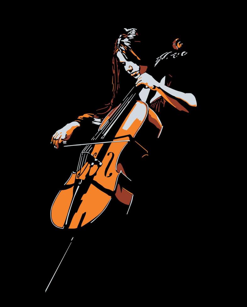 Isolated, high contrast, abstract, woman playing contrabass illustration. vector