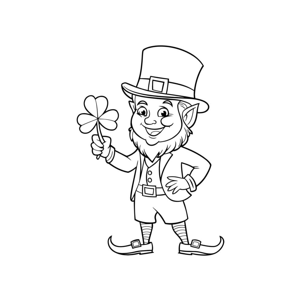 Smiling leprechaun coloring page with holding a four leaf clover vector