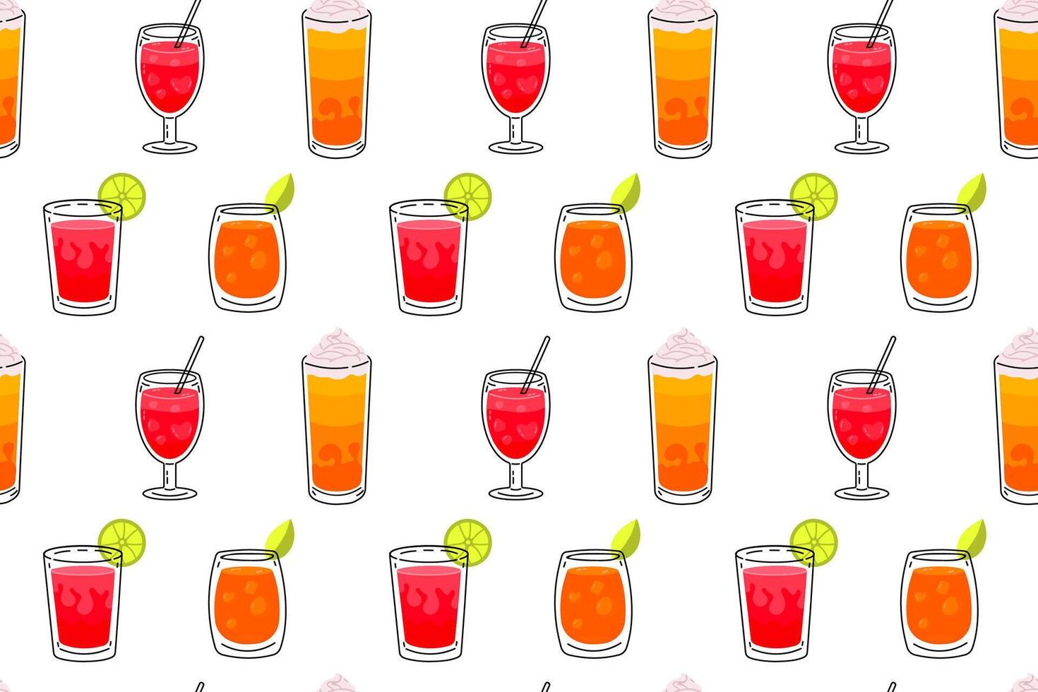 Seamless pattern of colorful drinks in glasses with creative designs vector