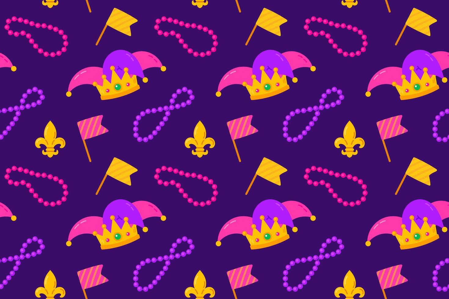 Seamless pattern featuring masks, beads, hats, and festive symbols vector