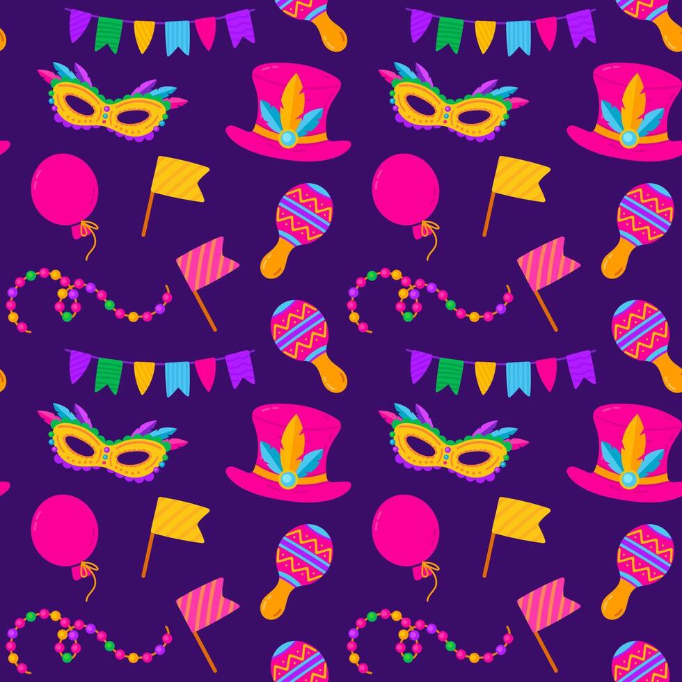 Seamless Mardi Gras pattern with colorful masks beads and maracas on a dark background vector