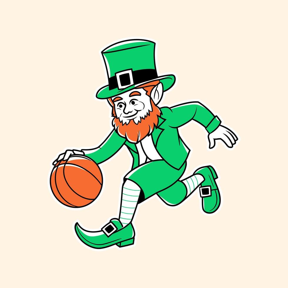 Leprechaun mascot in action with a basketball, embodies St. Patrick's Day spirit. vector