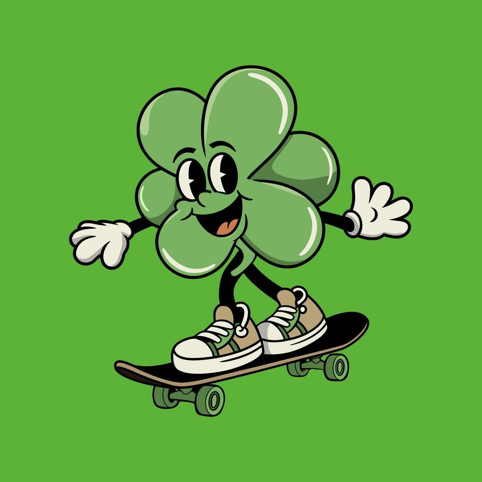 Cute Clover Character Skateboarding Against a Green Background vector