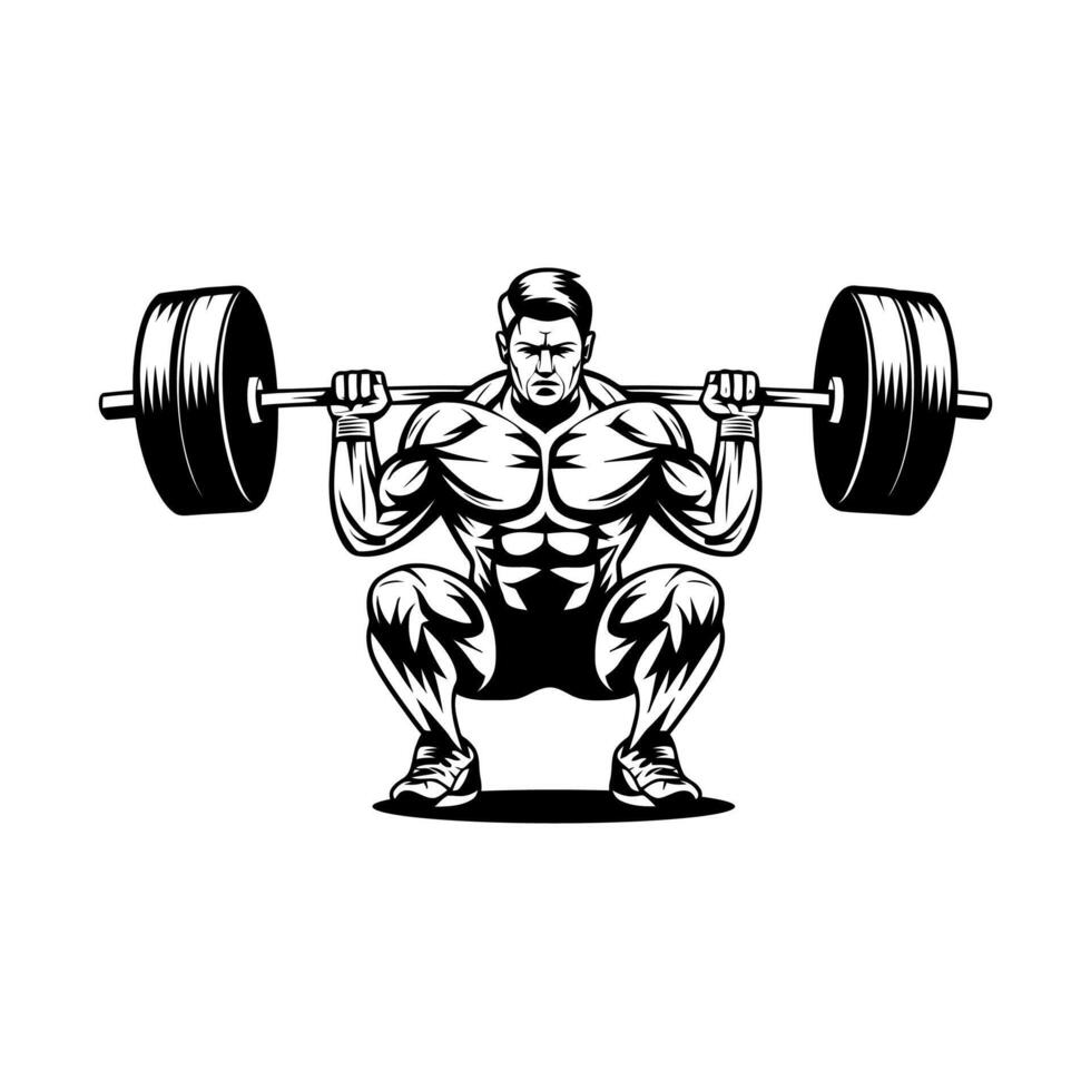 Powerful Bodybuilder Performing a Barbell Squat vector