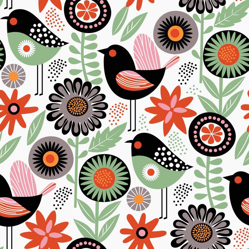 birds surrounded by flowers and plants vector