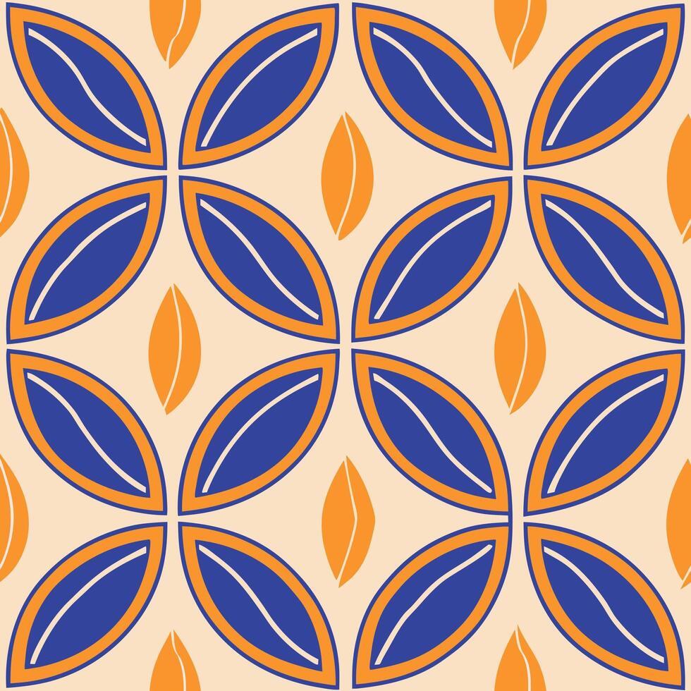 Abstract Geometric Seamless Pattern Blue, Orange, Leaf Motifs vector