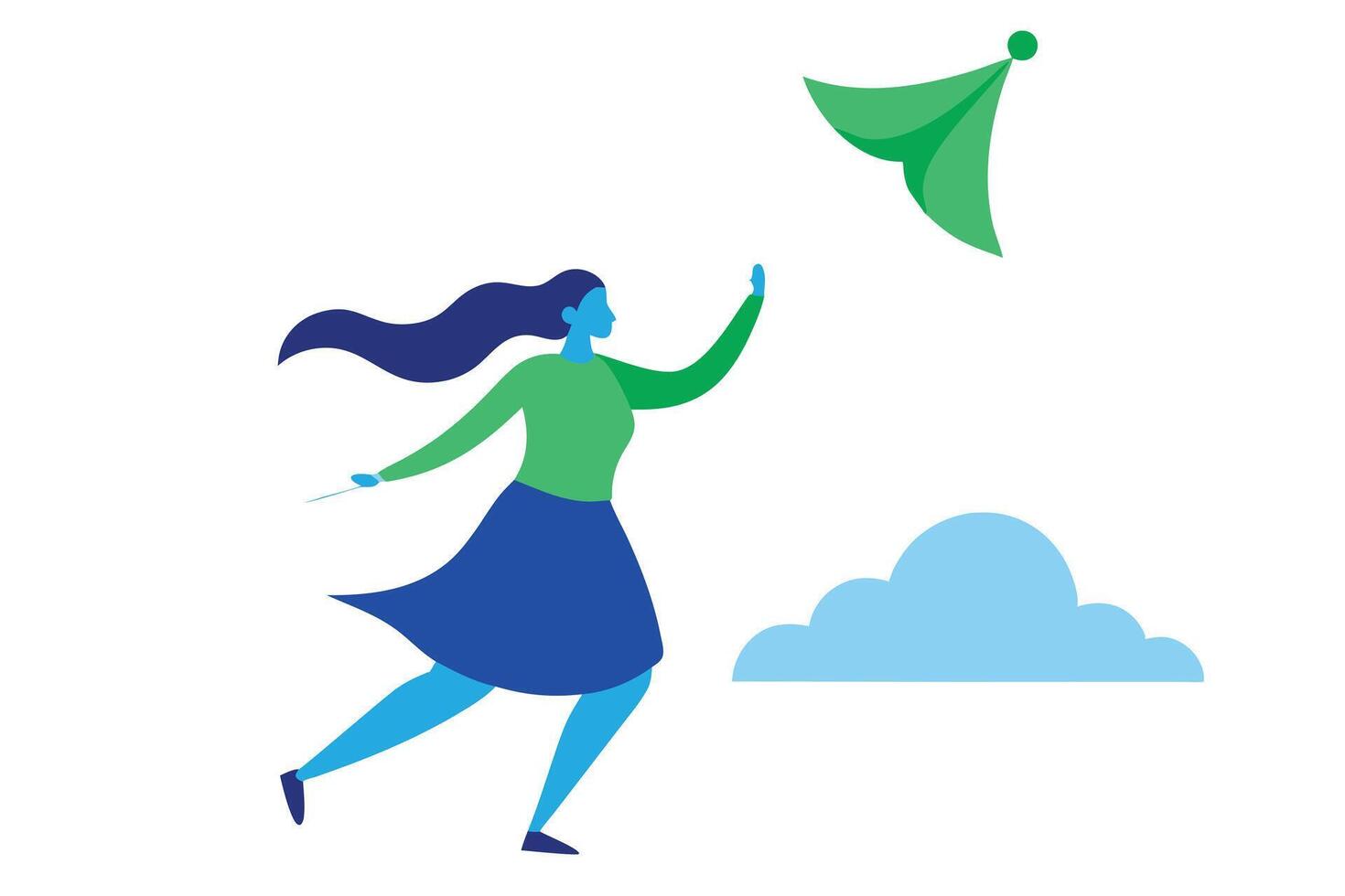 Woman Running, Green Kite, Blue Sky, Cloud, Freedom, Joy, Happiness, Air, Nature, Movement vector