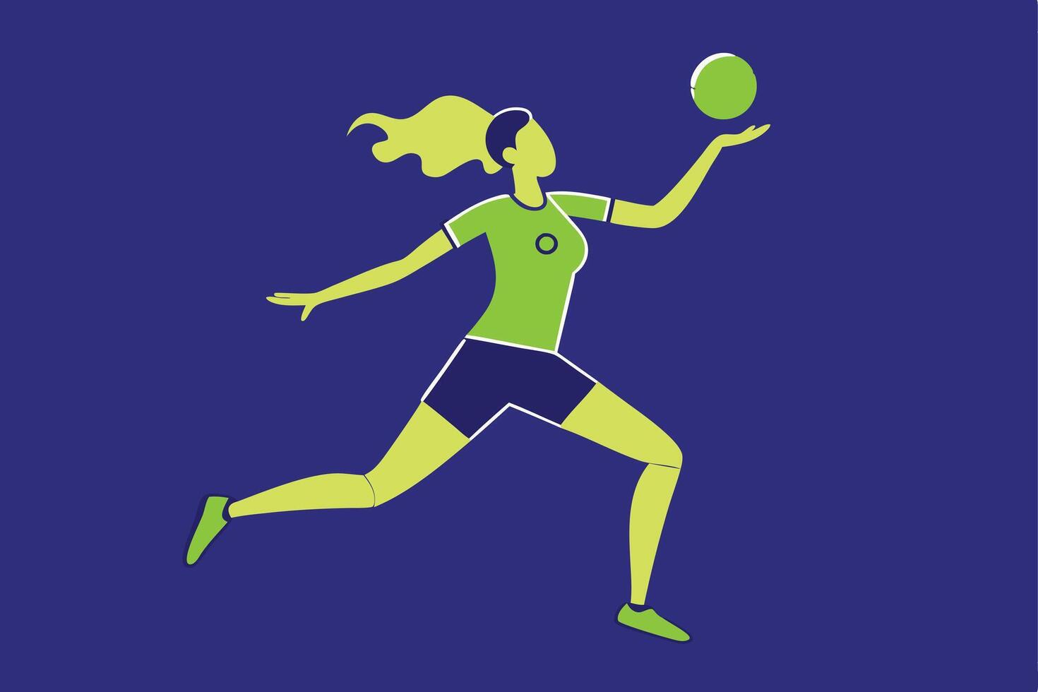 Dynamic Female Athlete Leaps, Green Jersey, Ball Toss, Sport Action vector