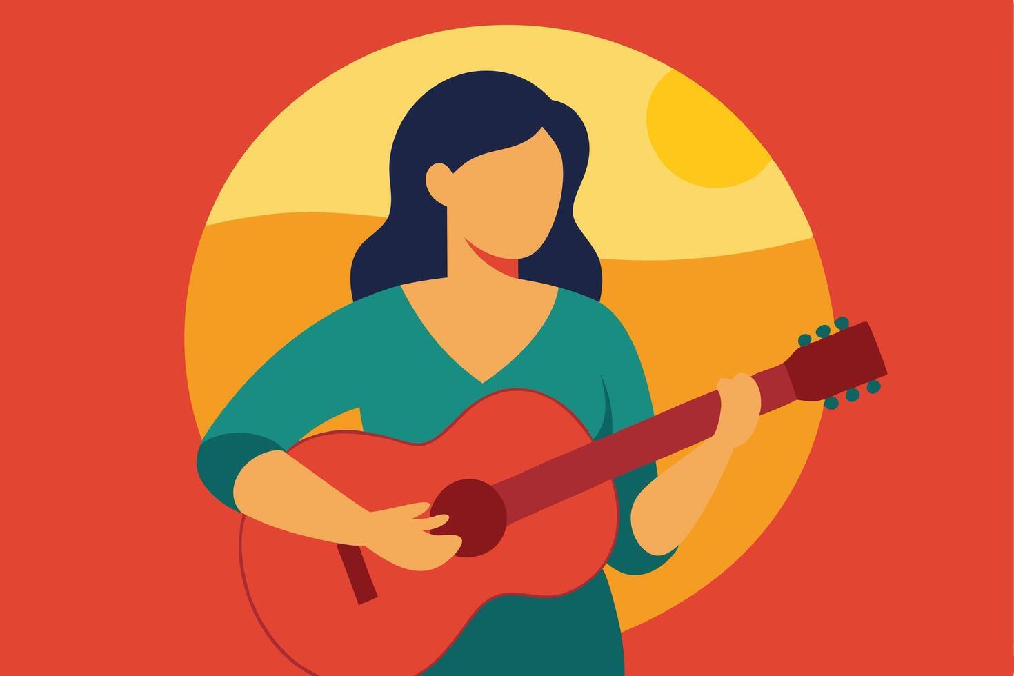 Woman Playing Acoustic Guitar Sunset Summer Music Vibrant Colors vector
