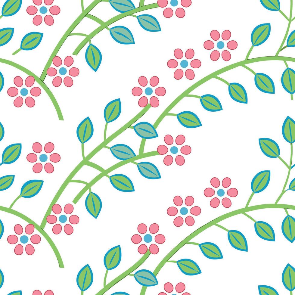 Pretty Pink Flowers, Green Twigs, Seamless Pattern Design vector