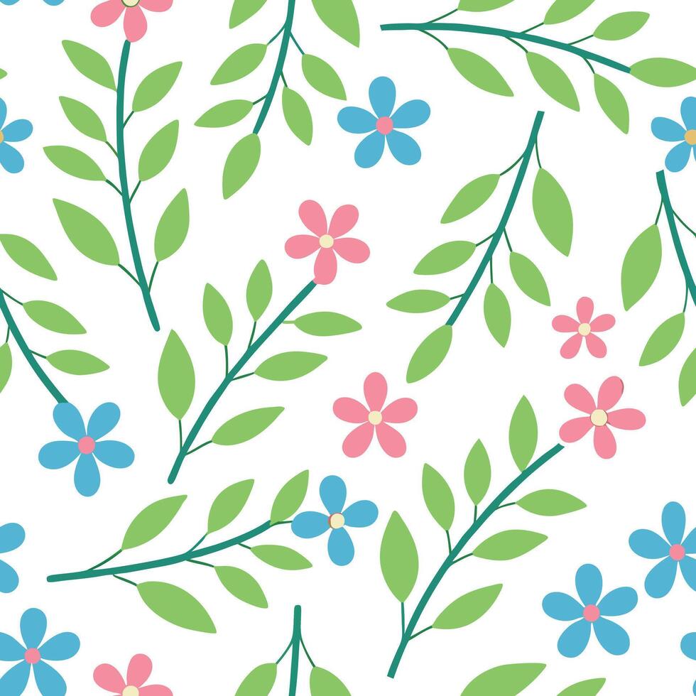 Seamless Spring Floral Pattern Pink, Blue, Green Leaves vector