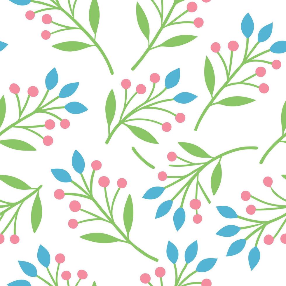 Pastel Floral Branches Seamless Pattern Pink, Green, Blue Berries vector