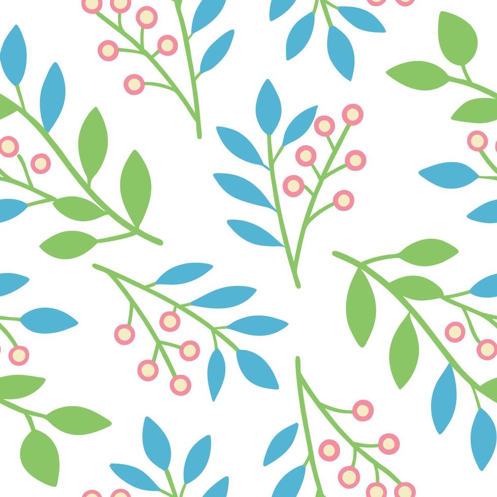 Pastel Floral Seamless Pattern Blue, Green Leaves and Berries vector