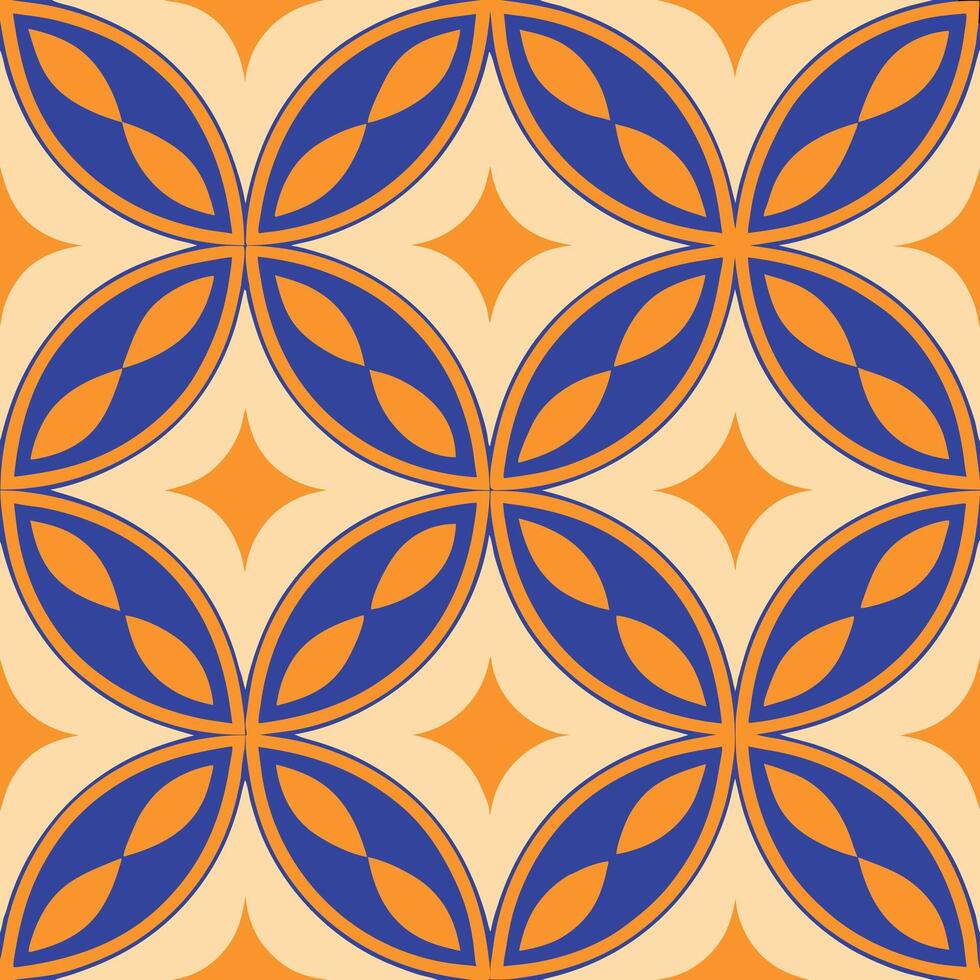 Geometric Orange Blue Floral Tile Pattern Seamless Repeat Design vector