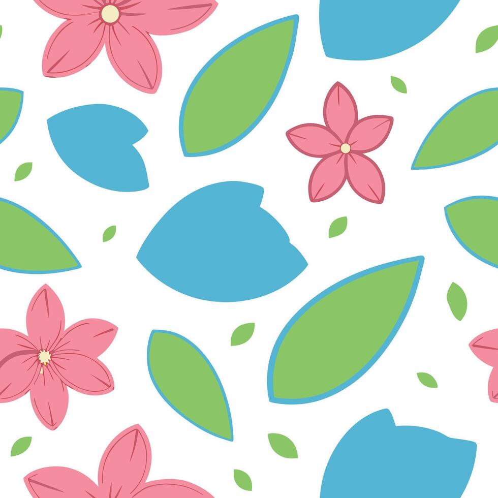 Floral Seamless Pattern Pink Flowers, Blue Green Leaves vector